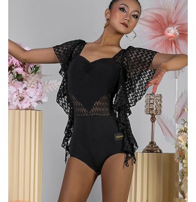 Women girls black lace latin ballroom dance bodysuits salsa rumba chacha performance catsuits leotard tops for female